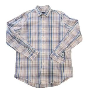 COLE HAAN Mens‎ Blue White Plaid Grand Os Performance Button Down Shirt Sz M